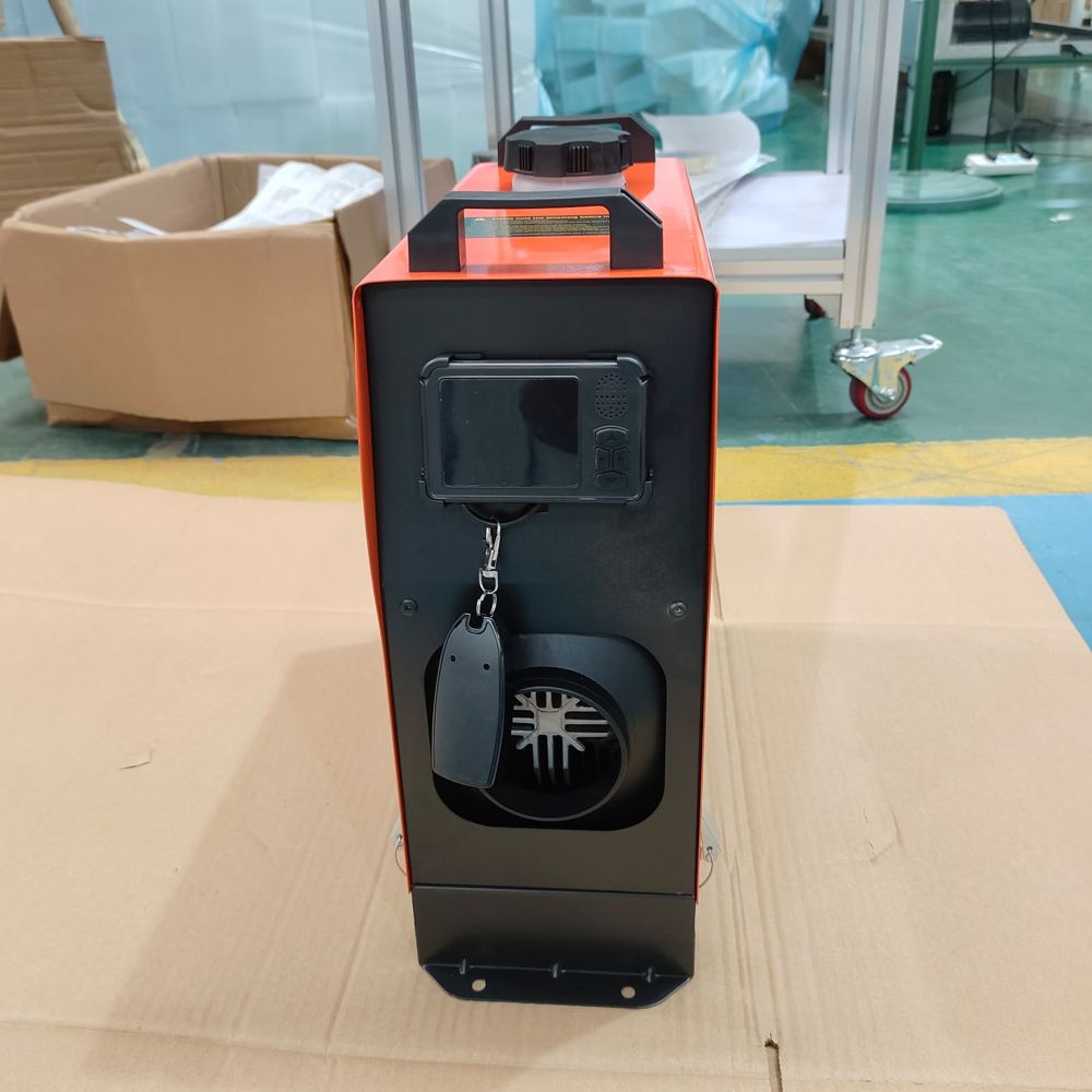 Upright portable diesel heater: LCD controller, key-fob remote and warm-air outlet