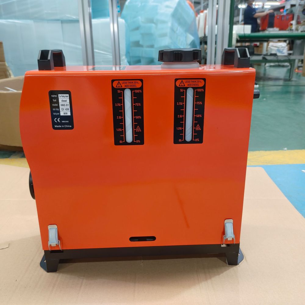 Orange 8 kW portable diesel heater with twin 5 litre fuel gauges
